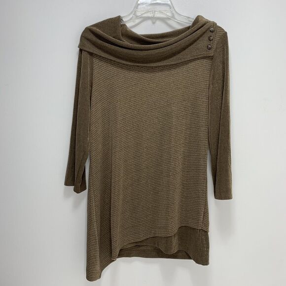 Chicos Travelers Womens Slinky Knit Brown Gold Ribbed Asymmetric Hem Top Sz 0 S - Picture 3 of 10